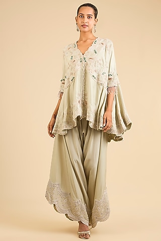 Sage Green Dupion Cape Set by Minaxi Dadoo