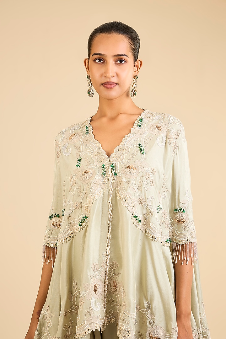 Sage Green Dupion Cape Set by Minaxi Dadoo at Pernia's Pop Up Shop