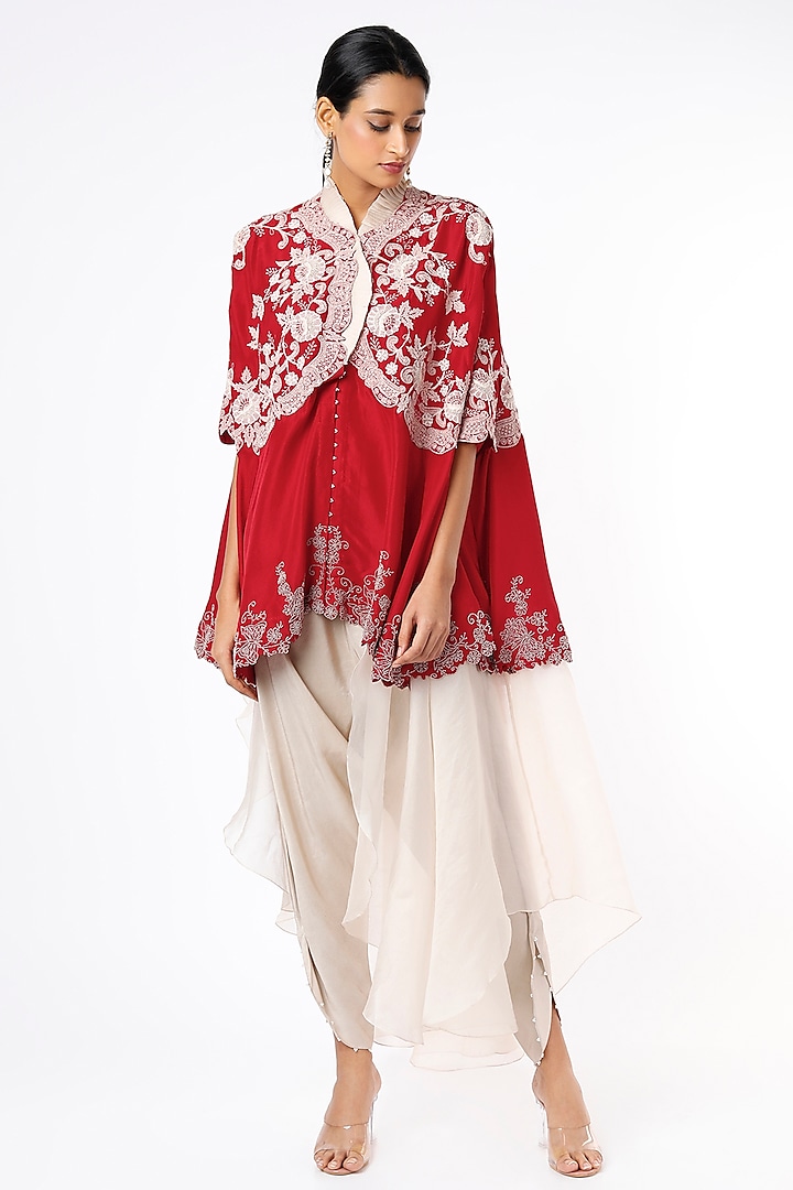 Red Embroidered Cape Set by Minaxi Dadoo