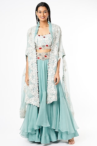 Powder Blue Dupion Cape Set by Minaxi Dadoo