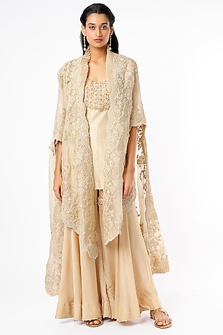 Beige Dupion Cape Set by Minaxi Dadoo