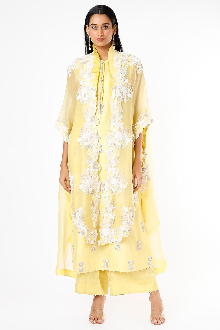 Yellow Floral Organza Cape Set by Minaxi Dadoo at Pernia's Pop Up Shop