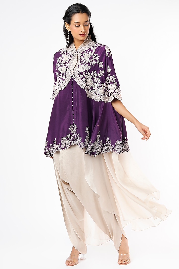 Purple Embroidered Cape Set by Minaxi Dadoo