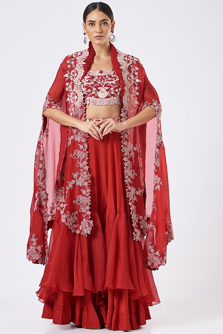 Red Organza Cape Set by Minaxi Dadoo at Pernia's Pop Up Shop