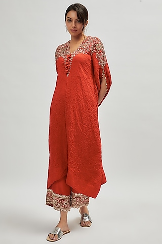 Rust Orange Dupion Embroidered Kaftan Set by Minaxi Dadoo
