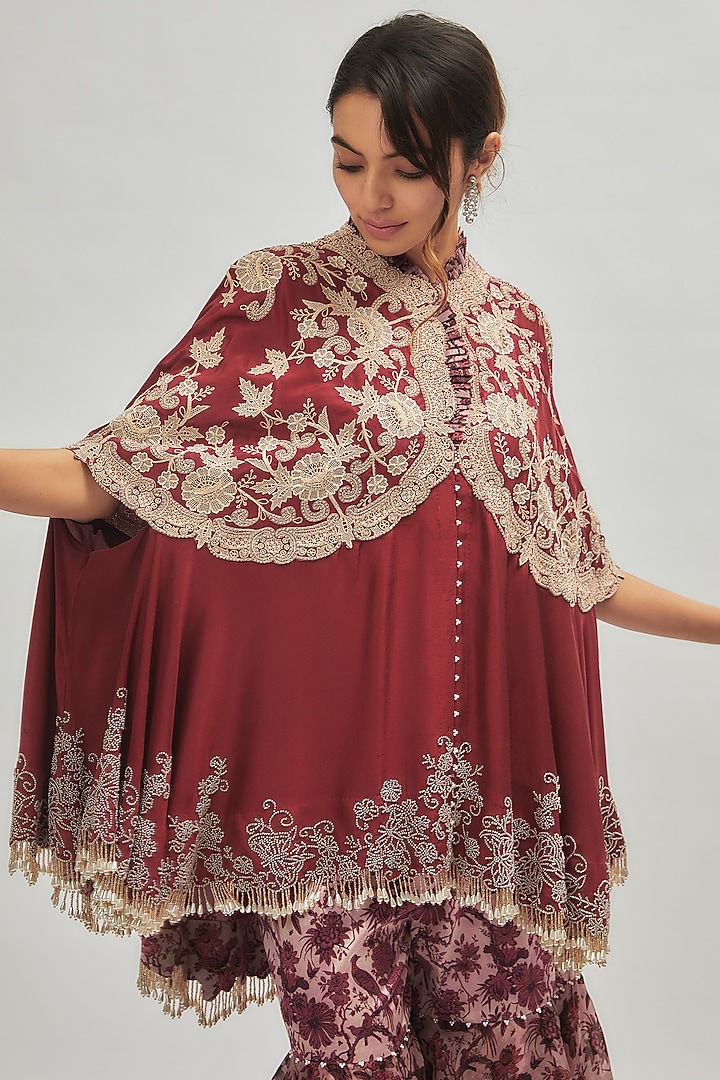 Maroon Organza Printed Gharara Set by Minaxi Dadoo at Pernia's Pop Up Shop