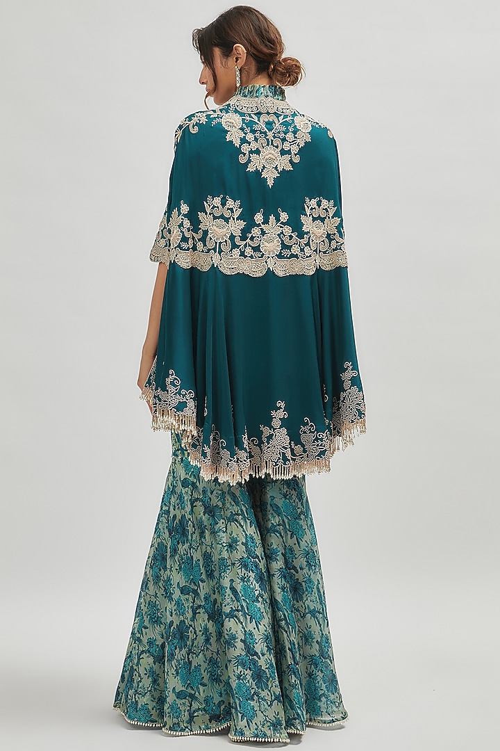 Peacock Blue Organza Printed Gharara Set by Minaxi Dadoo at Pernia's Pop Up Shop