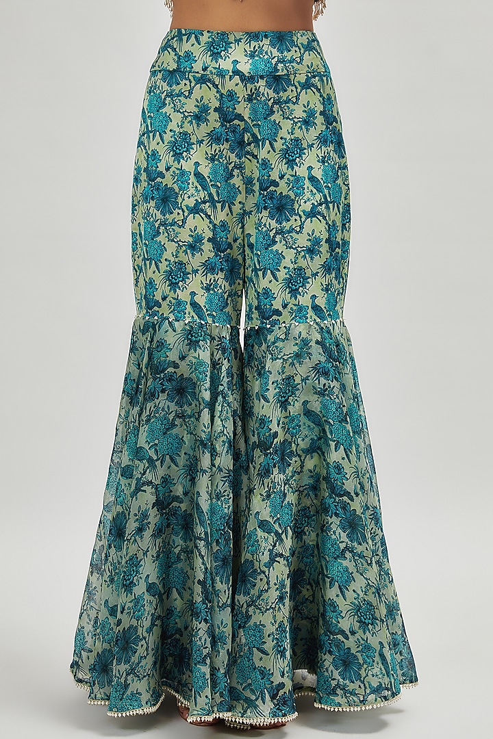 Peacock Blue Organza Printed Gharara Set by Minaxi Dadoo at Pernia's Pop Up Shop