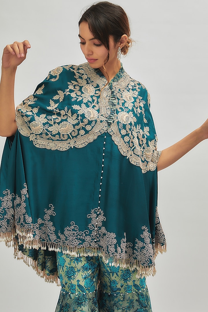 Peacock Blue Organza Printed Gharara Set by Minaxi Dadoo at Pernia's Pop Up Shop