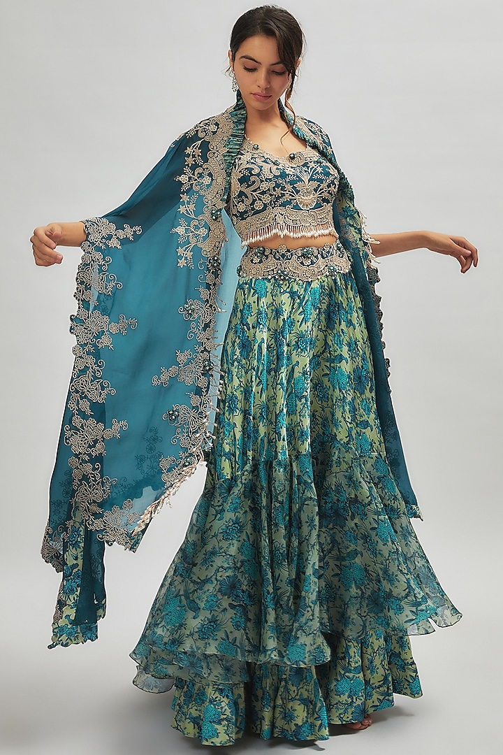 Peacock Blue Organza & Silk Printed Skirt Set by Minaxi Dadoo
