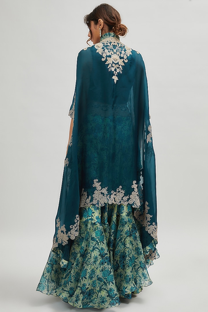 Peacock Blue Organza & Silk Printed Skirt Set by Minaxi Dadoo at Pernia's Pop Up Shop