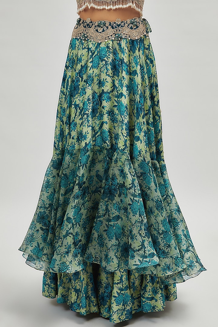 Peacock Blue Organza & Silk Printed Skirt Set by Minaxi Dadoo at Pernia's Pop Up Shop
