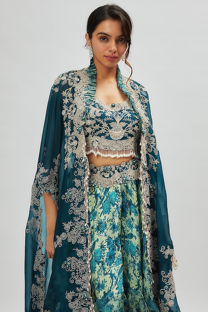 Peacock Blue Organza & Silk Printed Skirt Set by Minaxi Dadoo at Pernia's Pop Up Shop