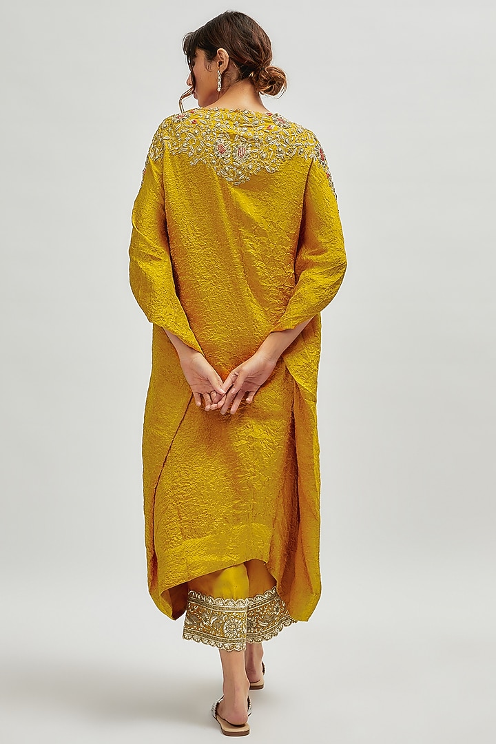 Yellow Dupion Embroidered Kaftan Set by Minaxi Dadoo at Pernia's Pop Up Shop