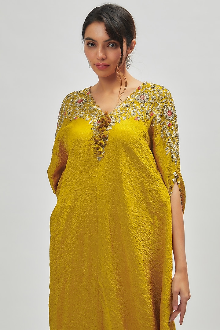 Yellow Dupion Embroidered Kaftan Set by Minaxi Dadoo at Pernia's Pop Up Shop