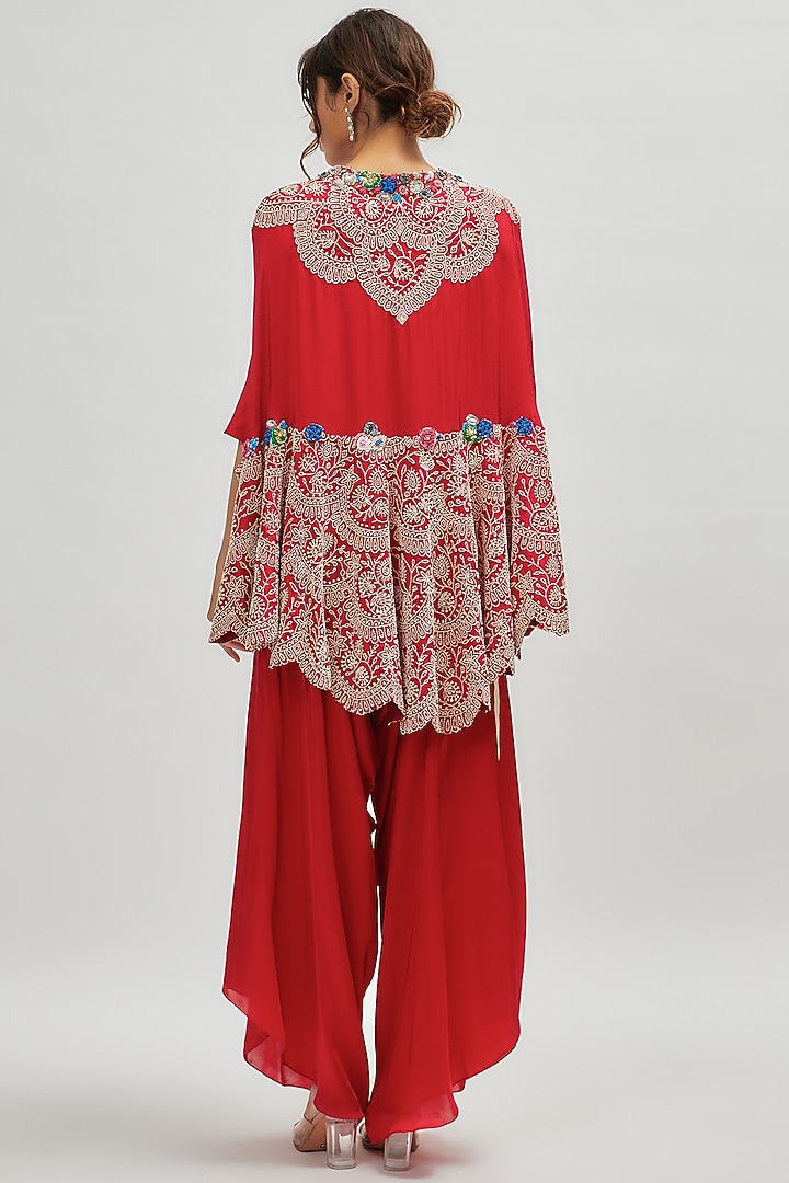 Red Dupion Embroidered Cape Set by Minaxi Dadoo at Pernia's Pop Up Shop