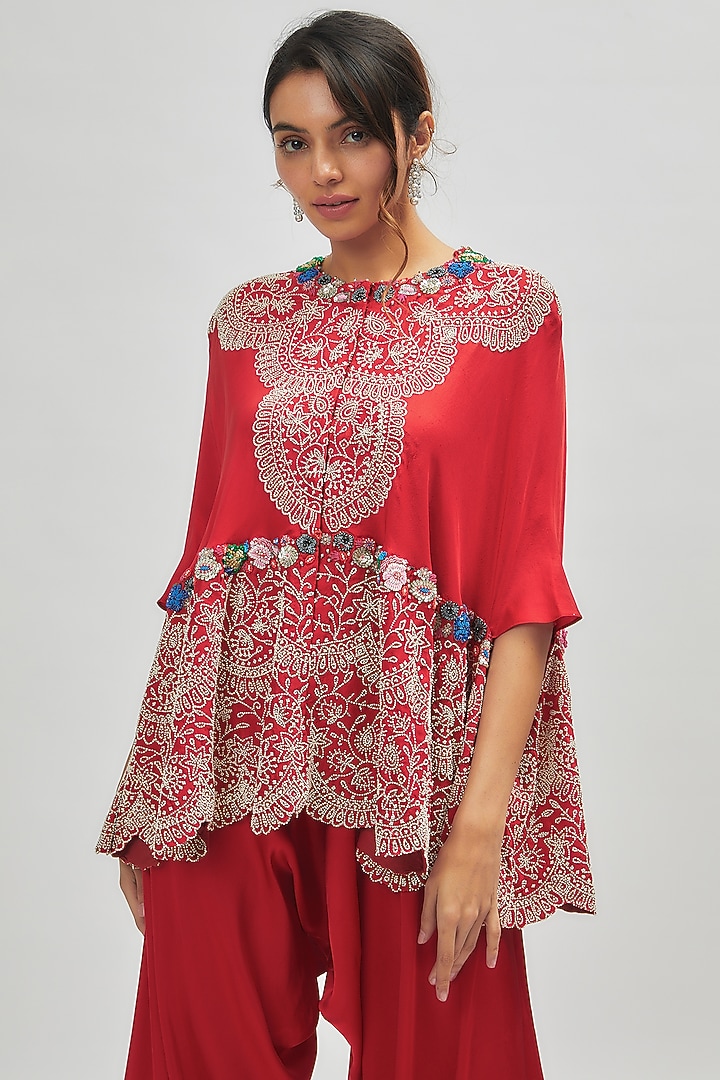 Red Dupion Embroidered Cape Set by Minaxi Dadoo at Pernia's Pop Up Shop