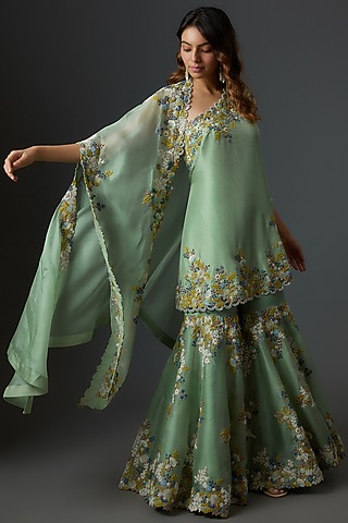 Green Organza Embroidered Gharara Set by Minaxi Dadoo