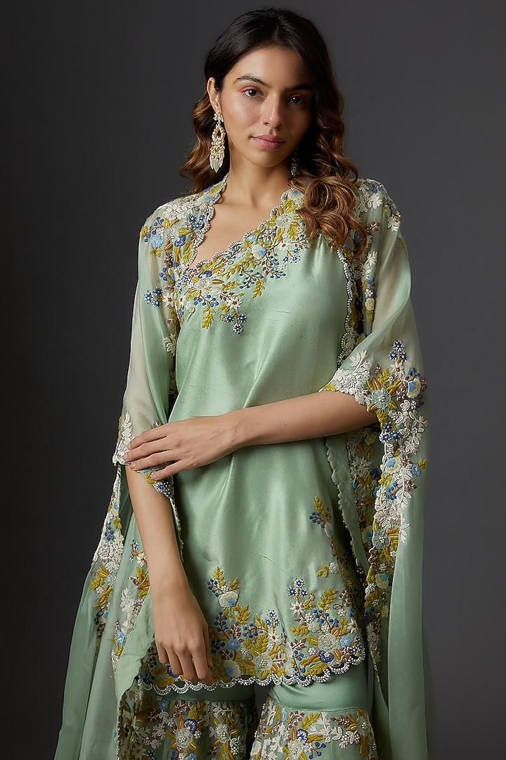Green Organza Embroidered Gharara Set by Minaxi Dadoo at Pernia's Pop Up Shop