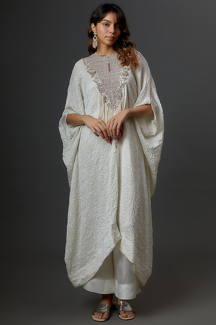 Ivory Dupion Embroidered Kaftan Set by Minaxi Dadoo