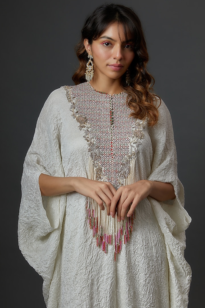 Ivory Dupion Embroidered Kaftan Set by Minaxi Dadoo at Pernia's Pop Up Shop