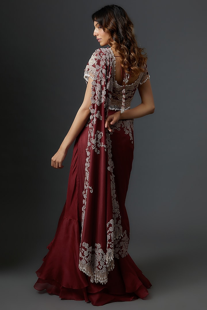 Maroon Dupion Embroidered Draped Bridal Saree Set by Minaxi Dadoo at Pernia's Pop Up Shop