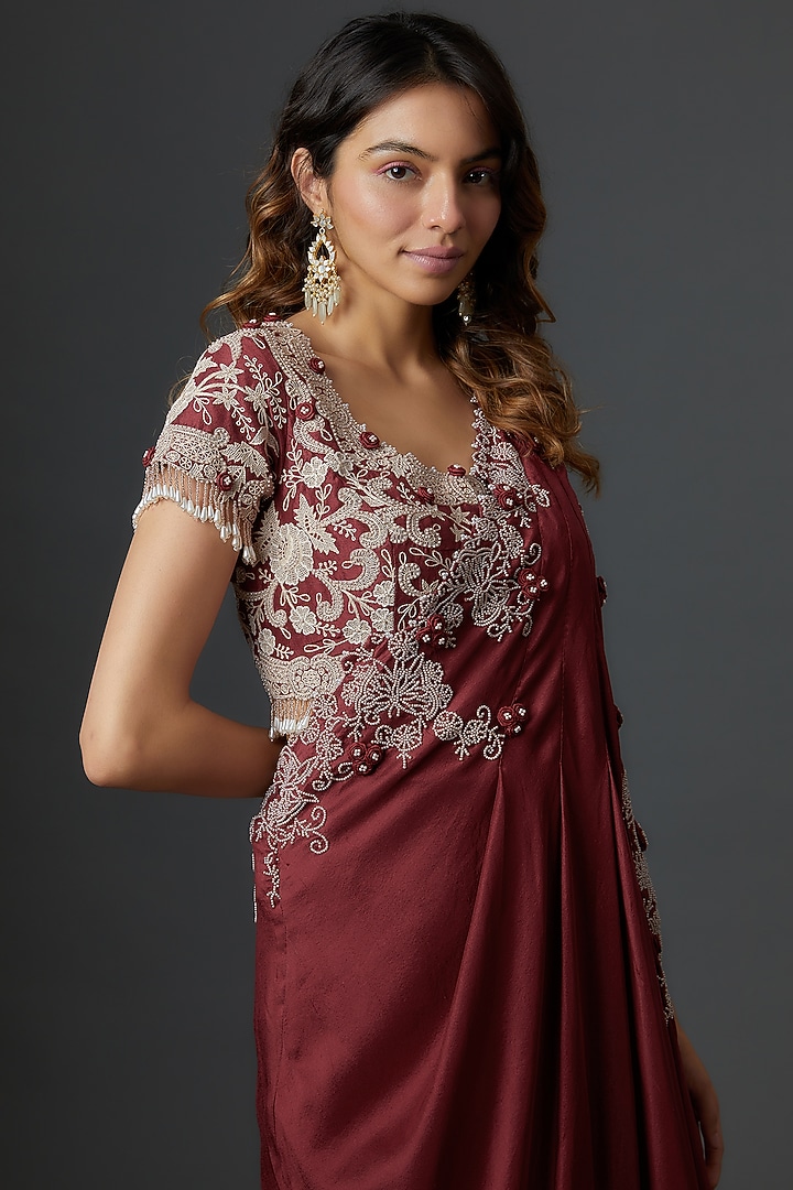 Maroon Dupion Embroidered Draped Bridal Saree Set by Minaxi Dadoo at Pernia's Pop Up Shop