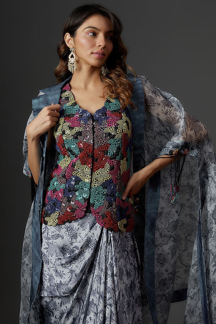 Multi-Colored Organza Printed Cape Set by Minaxi Dadoo at Pernia's Pop Up Shop