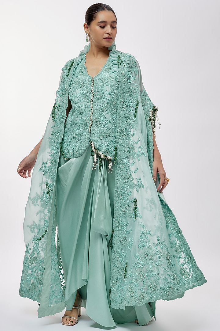 Powder Blue Organza Moti Work Cape Set by Minaxi Dadoo at Pernia's Pop Up Shop