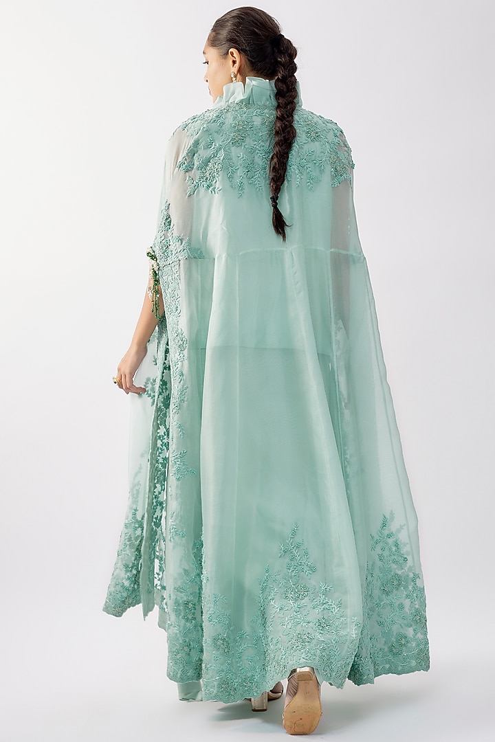 Powder Blue Organza Moti Work Cape Set by Minaxi Dadoo at Pernia's Pop Up Shop