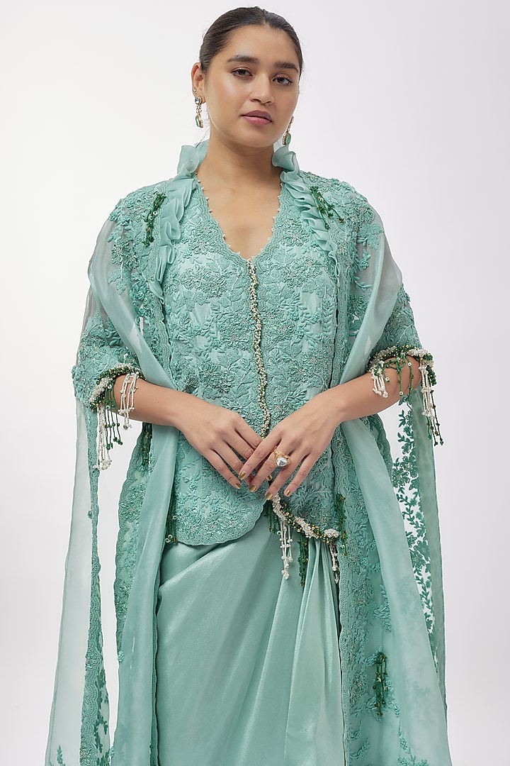 Powder Blue Organza Moti Work Cape Set by Minaxi Dadoo at Pernia's Pop Up Shop