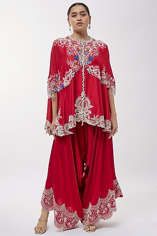 Red Dupion Thread Work Cape Set by Minaxi Dadoo