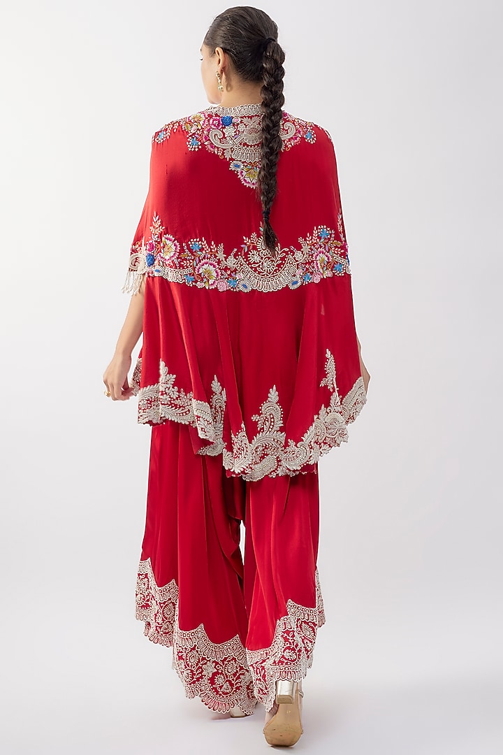 Red Dupion Thread Work Cape Set by Minaxi Dadoo at Pernia's Pop Up Shop