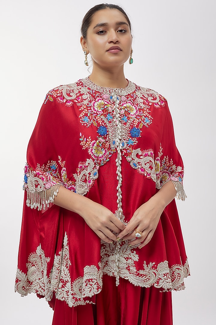 Red Dupion Thread Work Cape Set by Minaxi Dadoo at Pernia's Pop Up Shop