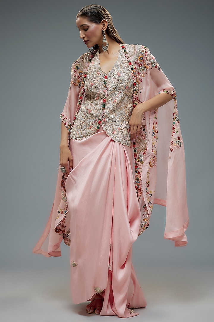 Pink Organza Embroidered Cape Set by Minaxi Dadoo at Pernia's Pop Up Shop