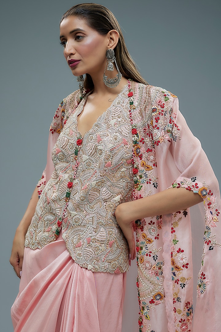 Pink Organza Embroidered Cape Set by Minaxi Dadoo at Pernia's Pop Up Shop