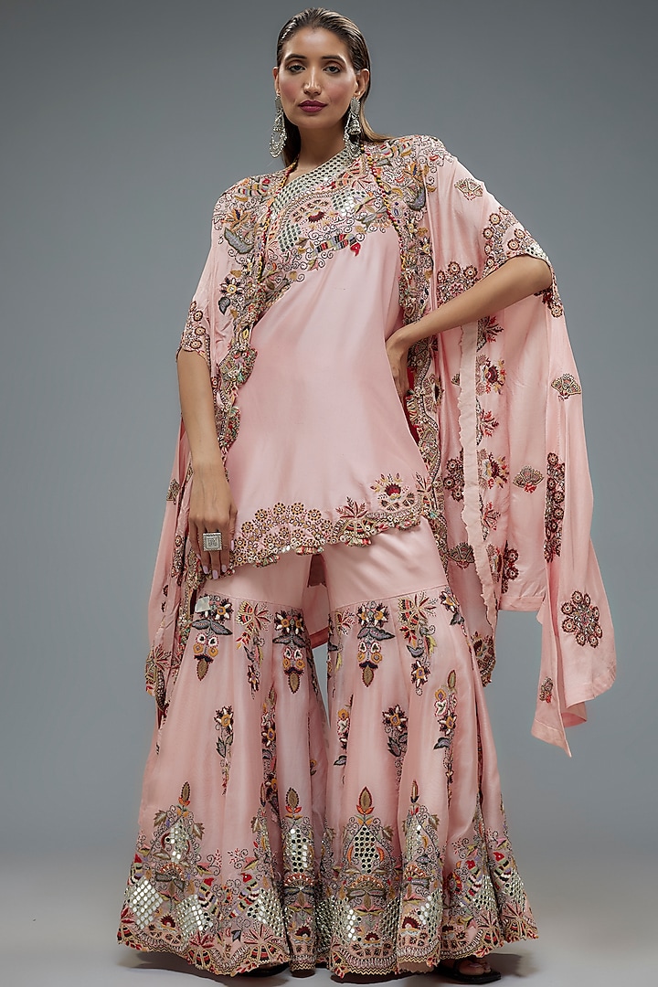 Pink Silk & Organza Embroidered Gharara Set by Minaxi Dadoo at Pernia's Pop Up Shop