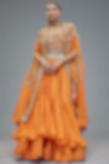 Orange Silk & Organza Two-Tiered Skirt Set by Minaxi Dadoo at Pernia's Pop Up Shop