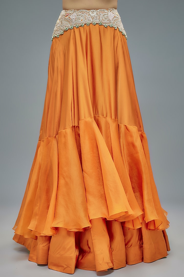Orange Silk & Organza Two-Tiered Skirt Set by Minaxi Dadoo at Pernia's Pop Up Shop