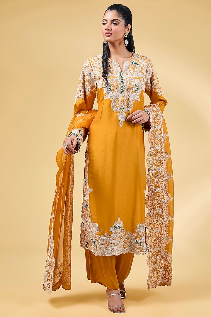 Mango Yellow Dupion Silk Dori Work Kurta Set by Minaxi Dadoo at Pernia's Pop Up Shop