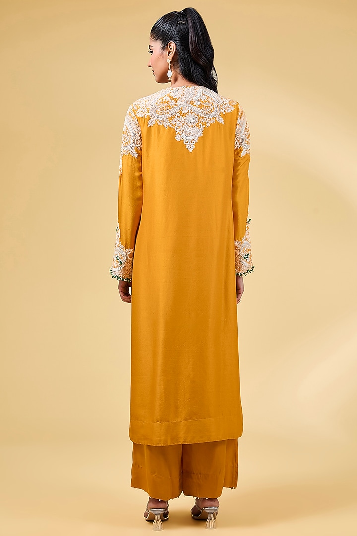 Mango Yellow Dupion Silk Dori Work Kurta Set by Minaxi Dadoo at Pernia's Pop Up Shop