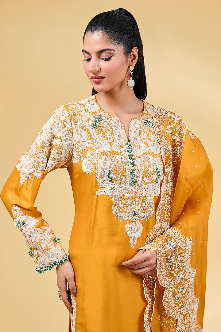 Mango Yellow Dupion Silk Dori Work Kurta Set by Minaxi Dadoo at Pernia's Pop Up Shop
