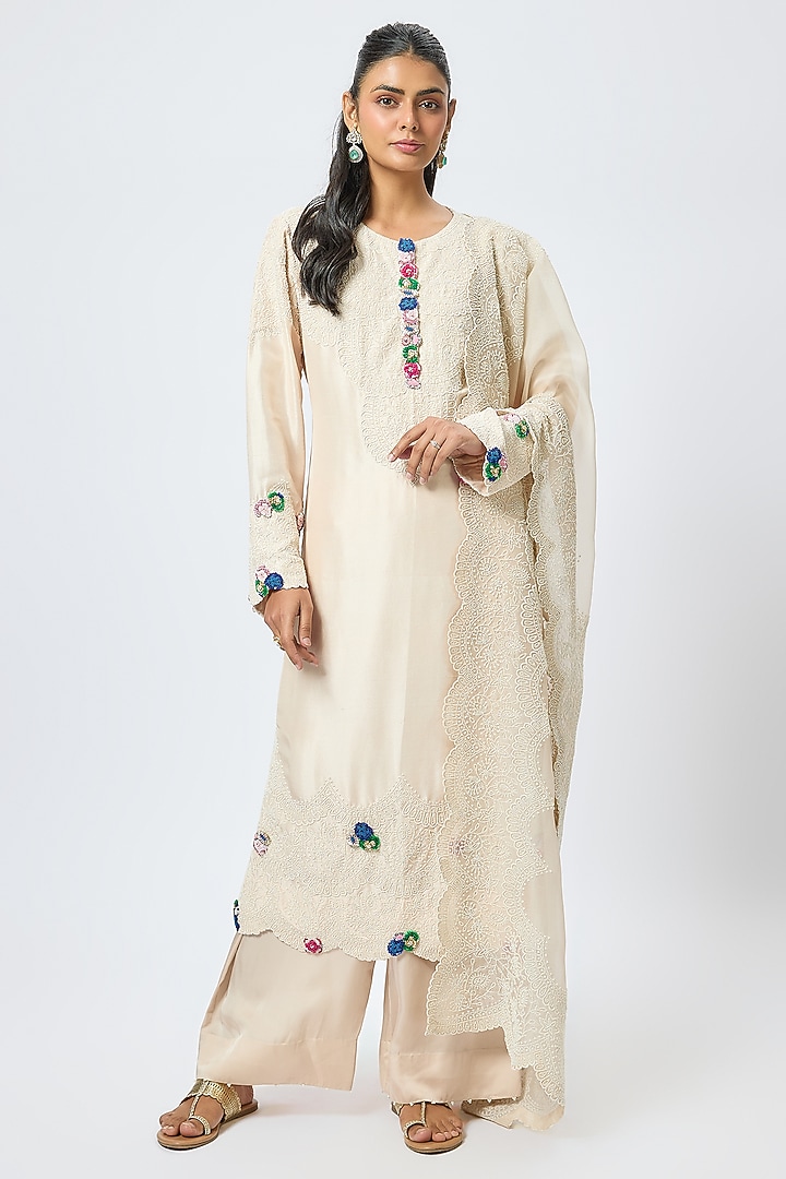 Beige China Dupion Kurta Set by Minaxi Dadoo at Pernia's Pop Up Shop