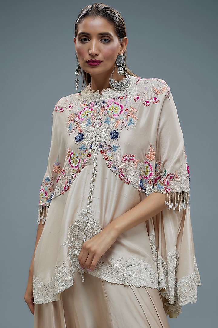 Beige Dupion Silk Embroidered Cape Set by Minaxi Dadoo at Pernia's Pop Up Shop