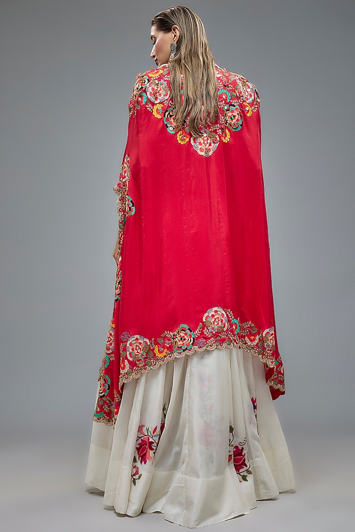 Red Silk Embroidered Butterfly Cape Set by Minaxi Dadoo at Pernia's Pop Up Shop