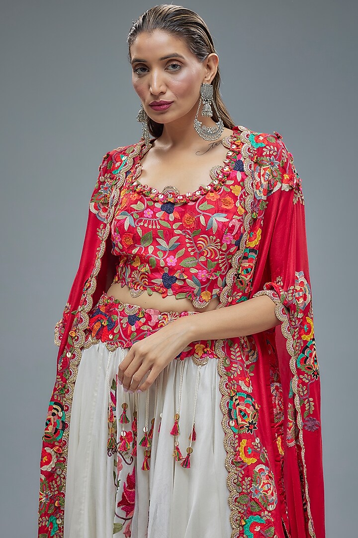 Red Silk Embroidered Butterfly Cape Set by Minaxi Dadoo at Pernia's Pop Up Shop