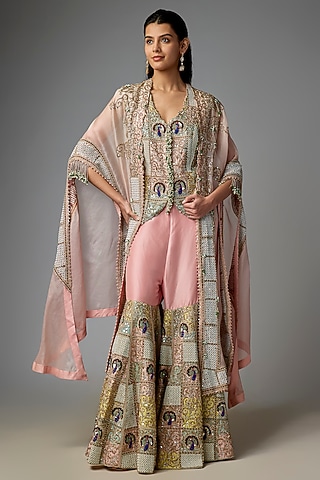 Pink Silk & Organza Patchwork Butterfly Cape Set by Minaxi Dadoo