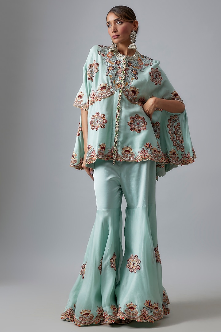 Powder Blue Dupion Cape Set by Minaxi Dadoo at Pernia's Pop Up Shop