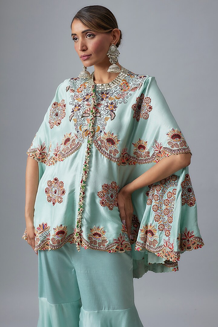 Powder Blue Dupion Cape Set by Minaxi Dadoo at Pernia's Pop Up Shop