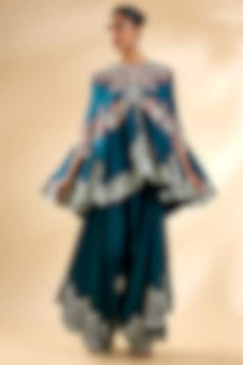 Peacock Blue Dupion Silk Cape Set by Minaxi Dadoo at Pernia's Pop Up Shop